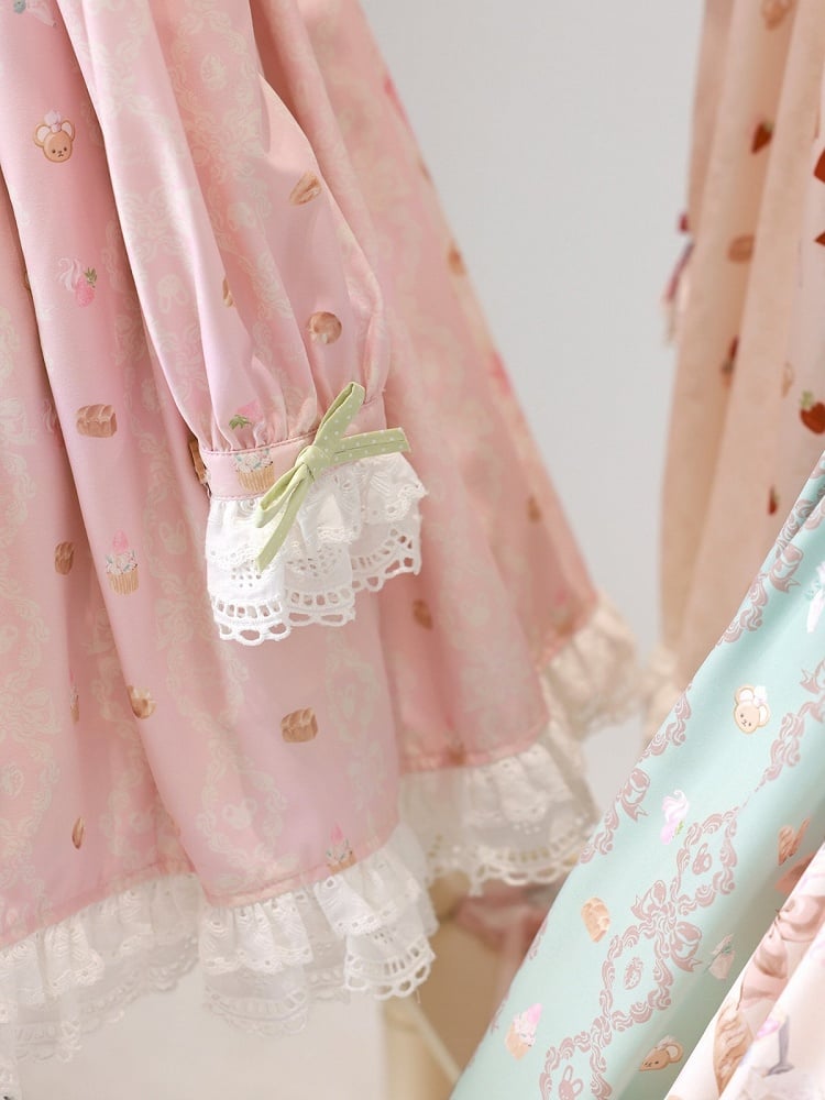 Pink Peter Pan Collar Bear & Cake Print Long-Sleeve OP Dress - Honey Village | CoyBunny