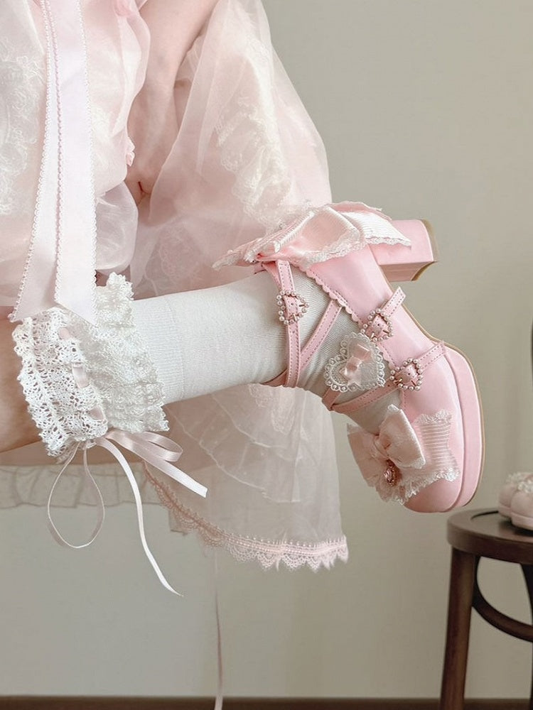 Sweet Lolita Pink Middle Heel Platform Shoes with Lace - Sheep Puff | CoyBunny