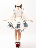 White Long-Sleeve Knitted Top Apron Blue Plaid Print Skirt Sweet Lolita Full Set | CoyBunny