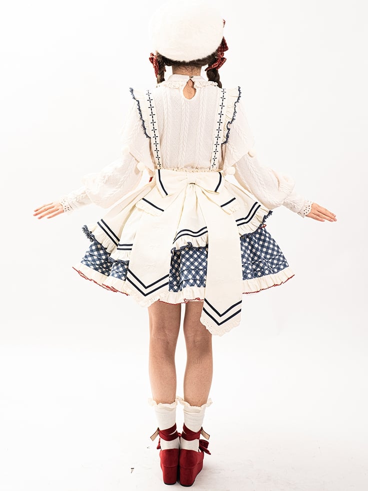 White Long-Sleeve Knitted Top Apron Blue Plaid Print Skirt Sweet Lolita Full Set | CoyBunny