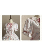 Sweet Lolita OP Dress Set with Puff Sleeves, Bear Print and Floral Embroidery - Treasure House | CoyBunny