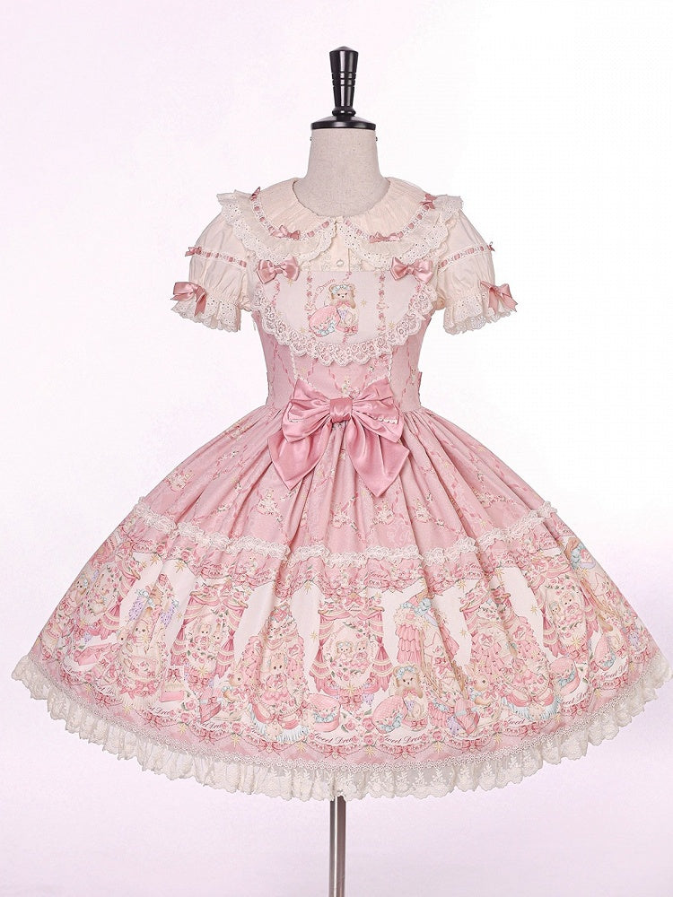 Sweet Pink Doll-Themed Lolita JSK with Bow Accents and Toy Bed Print - Alice Girl | CoyBunny