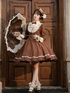 Brown Lace OP Dress with Detachable Bow - iris de nuit | CoyBunny