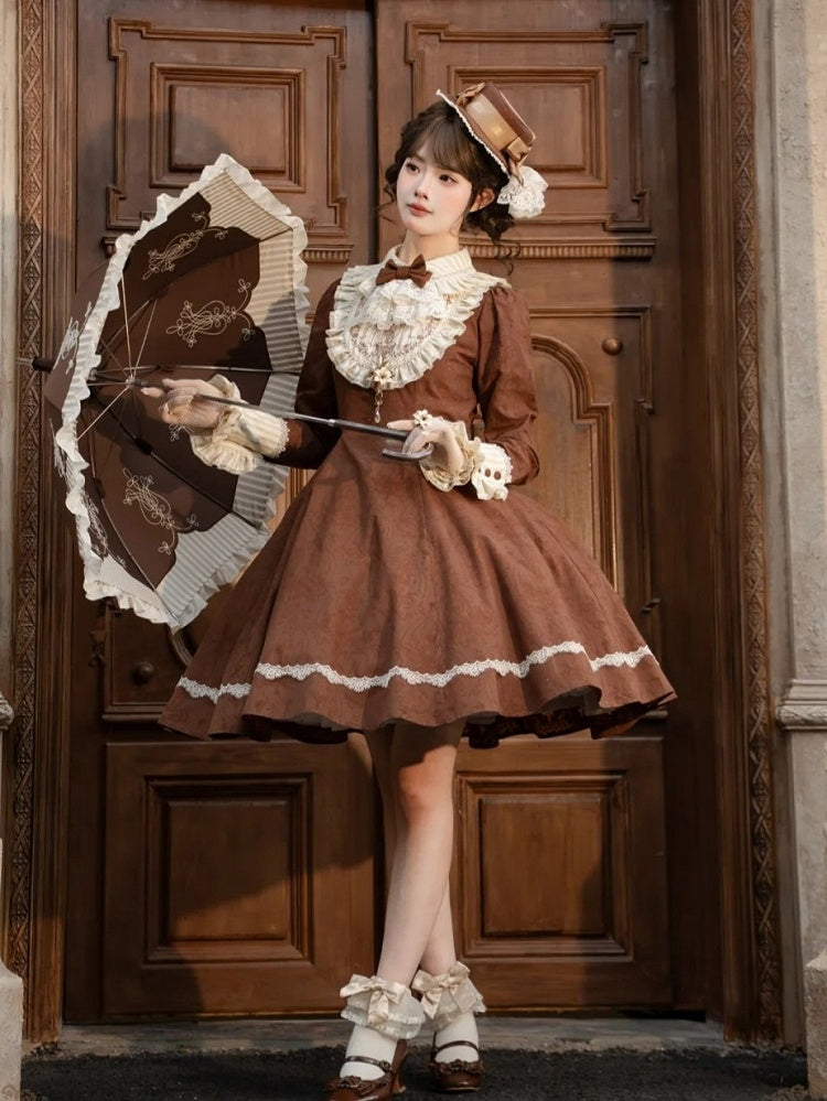 Brown Lace OP Dress with Detachable Bow - iris de nuit | CoyBunny
