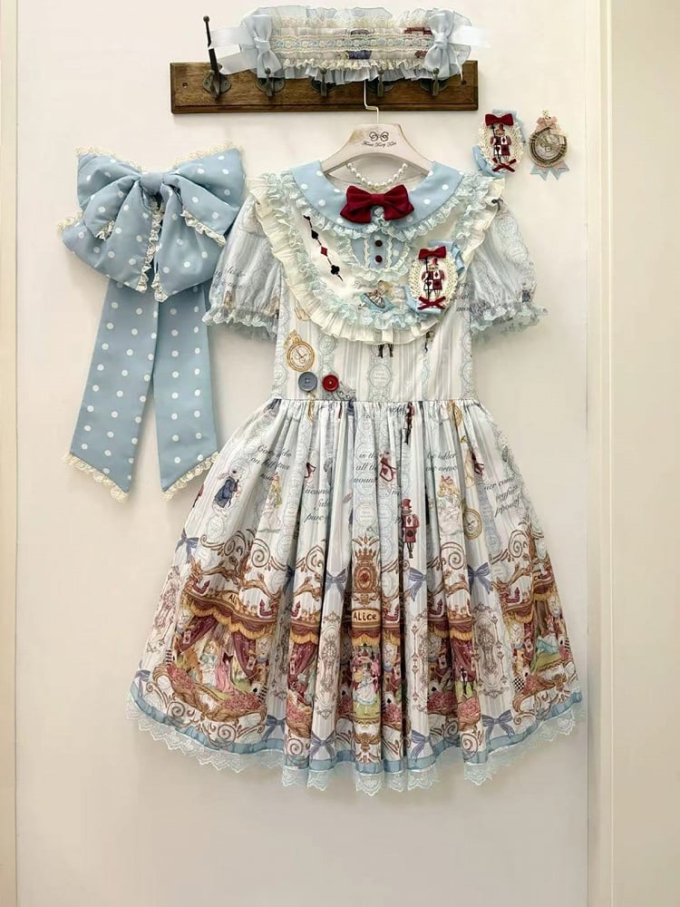 Azure Alice in Wonderland Theme Print Polka-dot Collar Sweet Gown - Forest Fairy Tales | CoyBunny