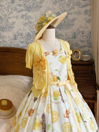 Yellow Sweet Lolita Floral Print Jumper Dress with Cat Motif - Cutey Mask | CoyBunny