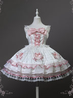 White and Pink Bowknot Details Tiered Skirt Sweet Lolita Dress Jumper Skirt | CoyBunny