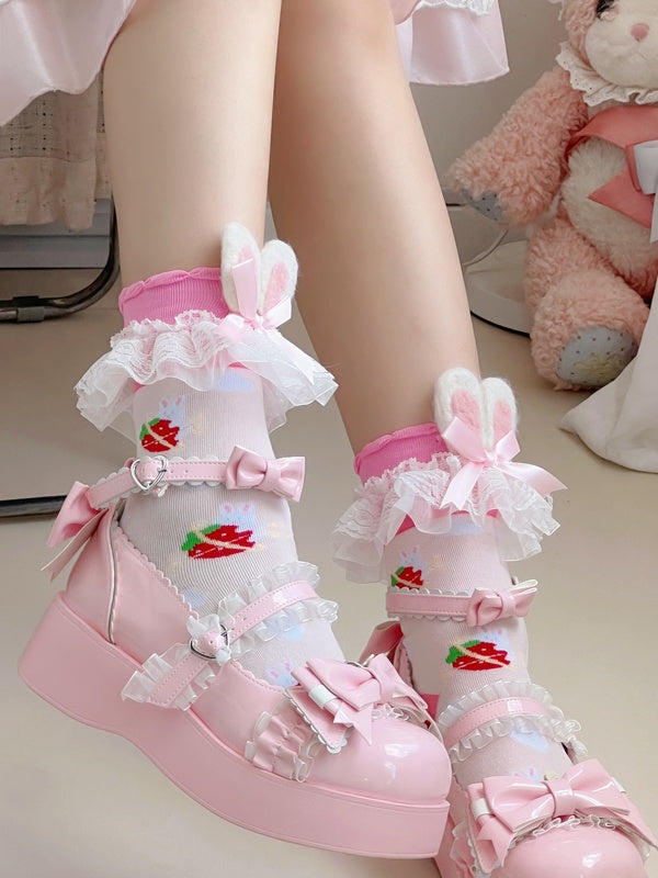 Sweet Lolita Strawberry-Print Socks with Bunny Ears and Lace Trim | CoyBunny