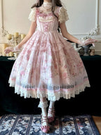 Pink Deer & Floral Print Flutter Sleeves Sweet Lolita JSK Dress with Overlay - Honey Machine | CoyBunny