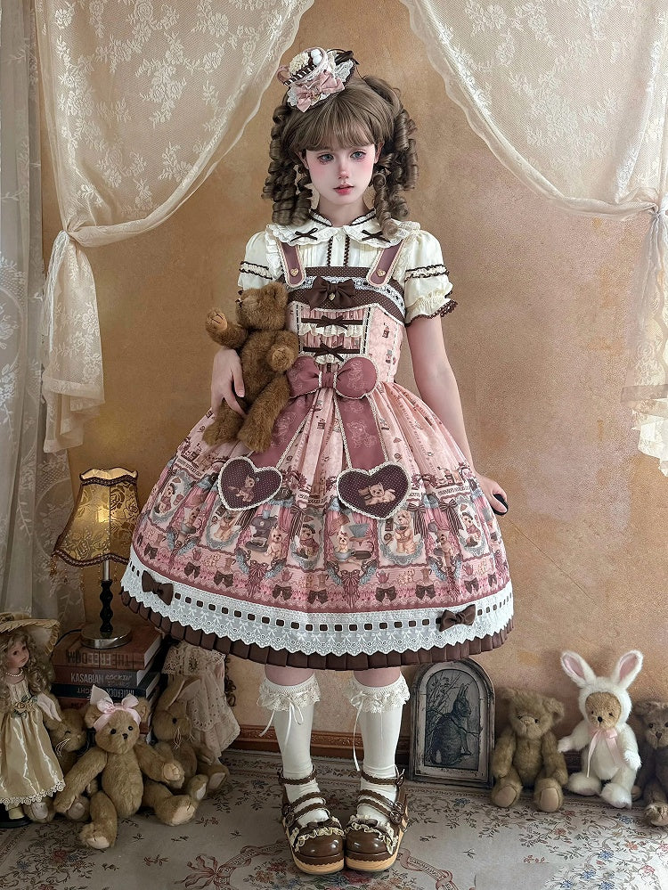 Puppy Coffee Shop Print Pink Sweet Lolita JSK Dress - Stars Fall on the Foggy Island | CoyBunny