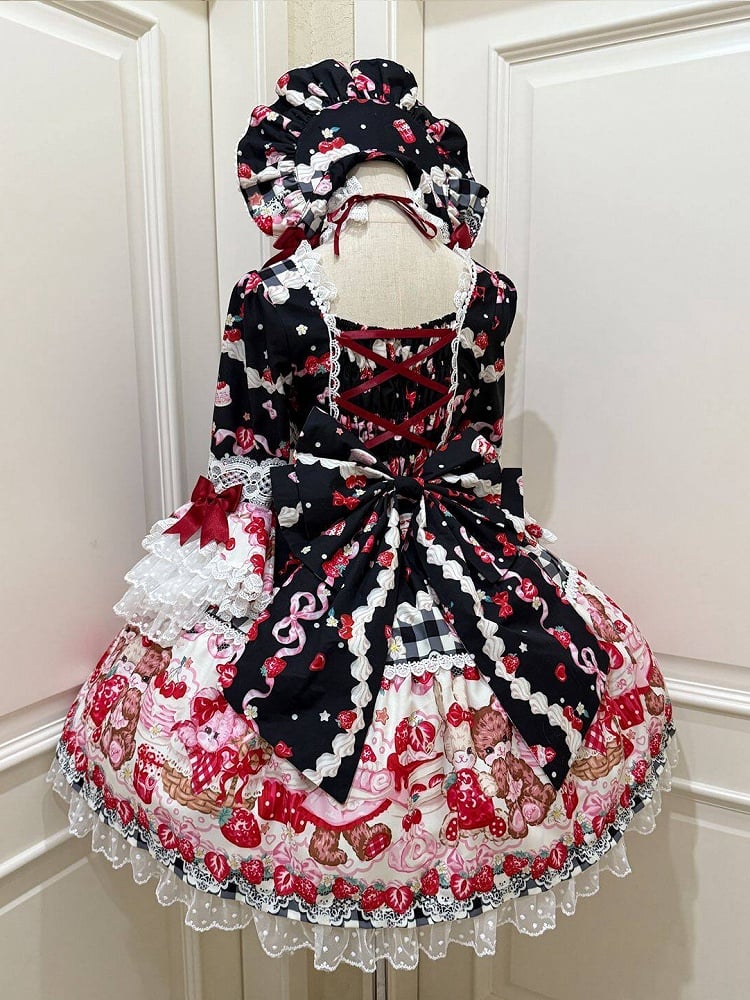 Black Bell Sleeves Sweet Lolita OP Dress with Strawberry Desserts Print - Miss Han | CoyBunny