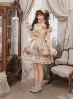 Beige Cat Print Square Neckline Sweet Lolita JSK Dress with Plush Cat Patch - NyaNya | CoyBunny