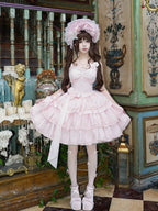 Light Pink Layered Ruffle Boned Lolita JSK Dress with Flower Accents | Meng Fu Zi | CoyBunny