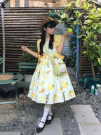 Yellow Sweet Lolita Floral Print Jumper Dress with Cat Motif - Cutey Mask | CoyBunny