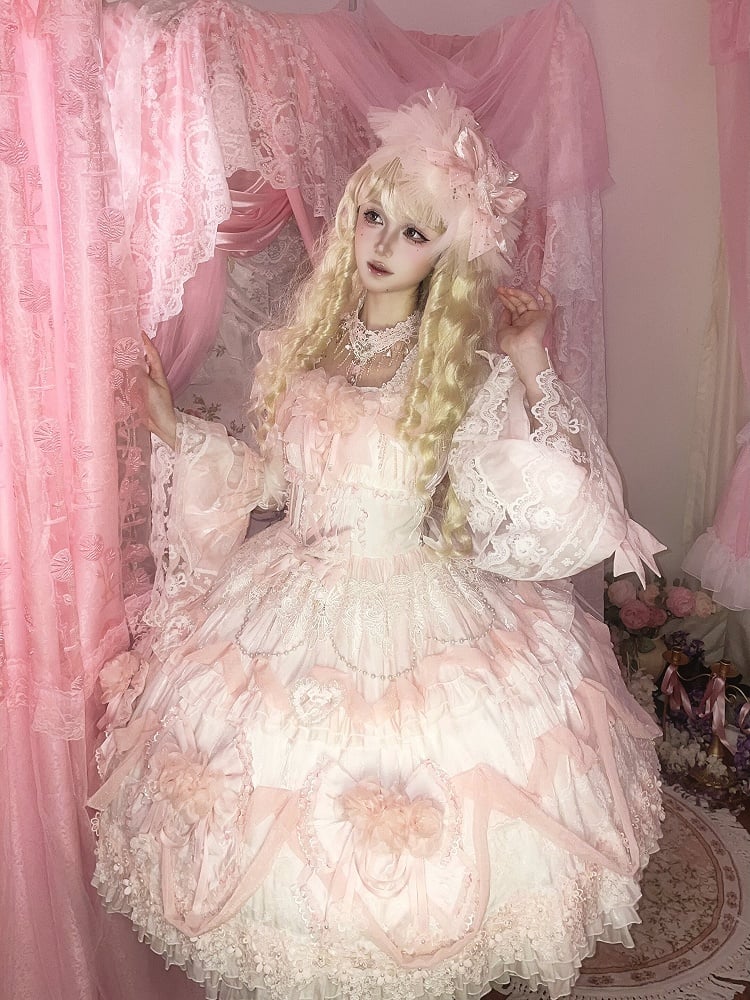 Rose Hanayome Lolita Hime Gown with Detachable Sleeves, Flower Bows and Pearl Chains - sedef | CoyBunny