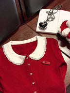 Red Knit Peter Pan Collar Cardigan with Lace - Qchiwawameme | CoyBunny