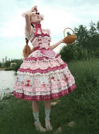 Pink Cherry Cake Print Sweet Lolita Dress with Layered Ruffles - Strawberry Fantasy | CoyBunny