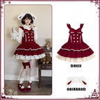 Sweet Winter Lolita Tiered Overall Dress in Red with Bunny Ear Hairband - With PUJI | CoyBunny