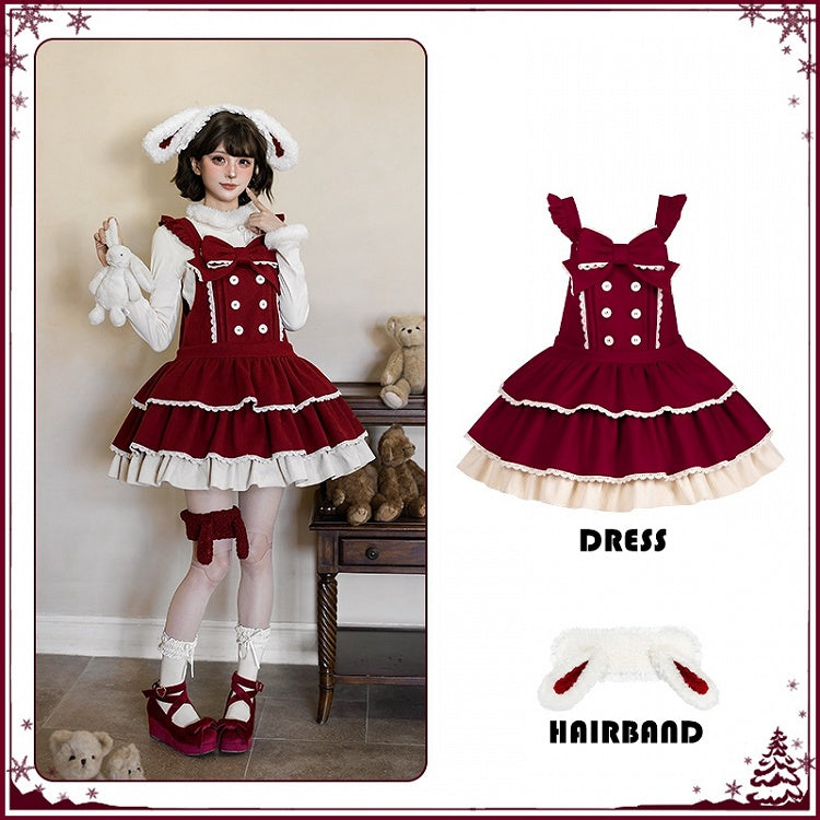 Sweet Winter Lolita Tiered Overall Dress in Red with Bunny Ear Hairband - With PUJI | CoyBunny