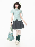 Green Plaid Short Sleeve Shirt with Kitty Embroidery - Languid Park | CoyBunny
