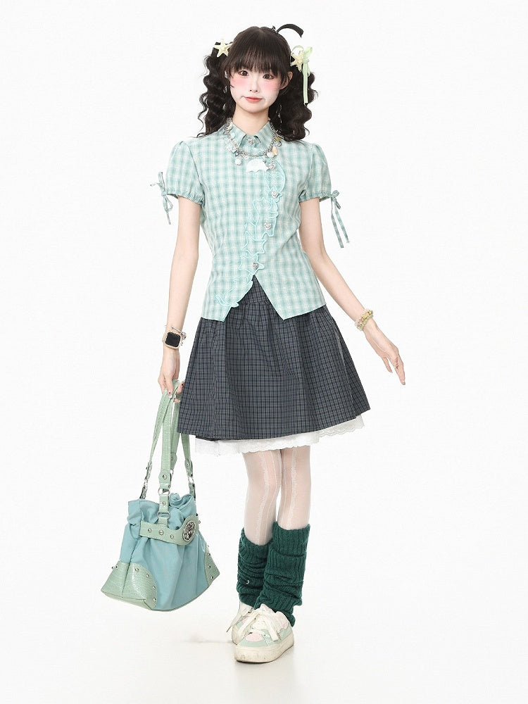 Green Plaid Short Sleeve Shirt with Kitty Embroidery - Languid Park | CoyBunny