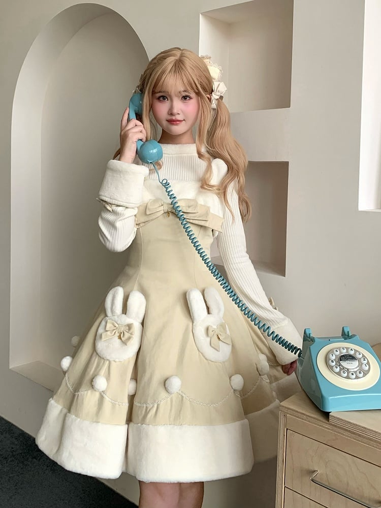Yellow Winter Sweet Bunny Theme Christmas Lolita Dress Plush Neckline and Hemline | CoyBunny