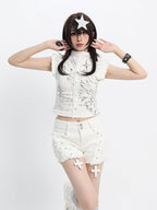 Sweet Kawaii White Distressed Shorts with Rivet and Cross Decor - Catwish | CoyBunny