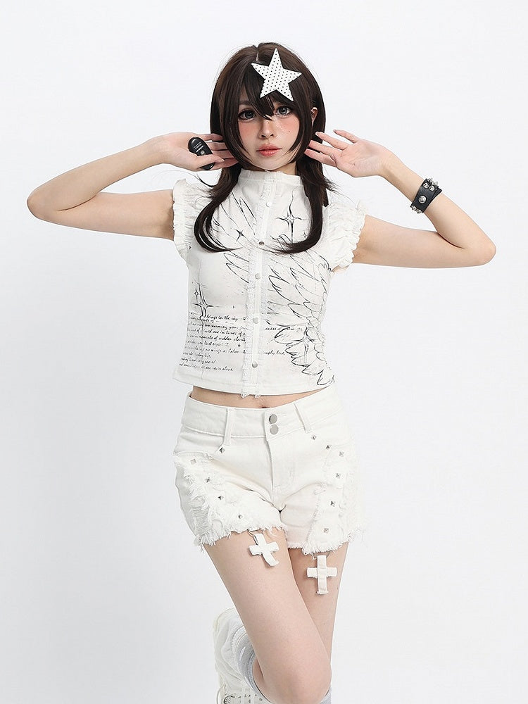 Sweet Kawaii White Distressed Shorts with Rivet and Cross Decor - Catwish | CoyBunny