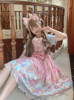 Ears Bow Pink Big Neckline JSK Sweet Lolita Dress Adorable Mouse Print Mouse Design - To Alice | CoyBunny