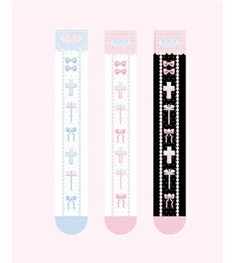 Black and Pink and Blue Sweet Lolita Cross and Bowknot Print Overknee Stockings | CoyBunny