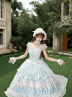 Sweet Mint Green Lolita JSK Dress Lace Ruffle Floral Print Princess Jumper Skirt