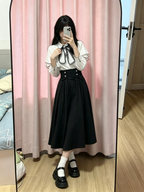 Cute White Jirai Kei School Girl Lolita Dress Long Sleeve Midi Skirt Set
