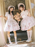 Sweet Lolita OP Dress Set with Puff Sleeves, Bear Print and Floral Embroidery - Treasure House | CoyBunny