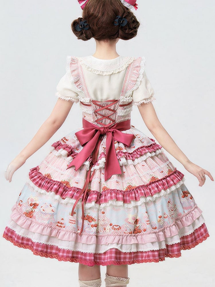 Pink Cherry Cake Print Sweet Lolita Dress with Layered Ruffles - Strawberry Fantasy | CoyBunny