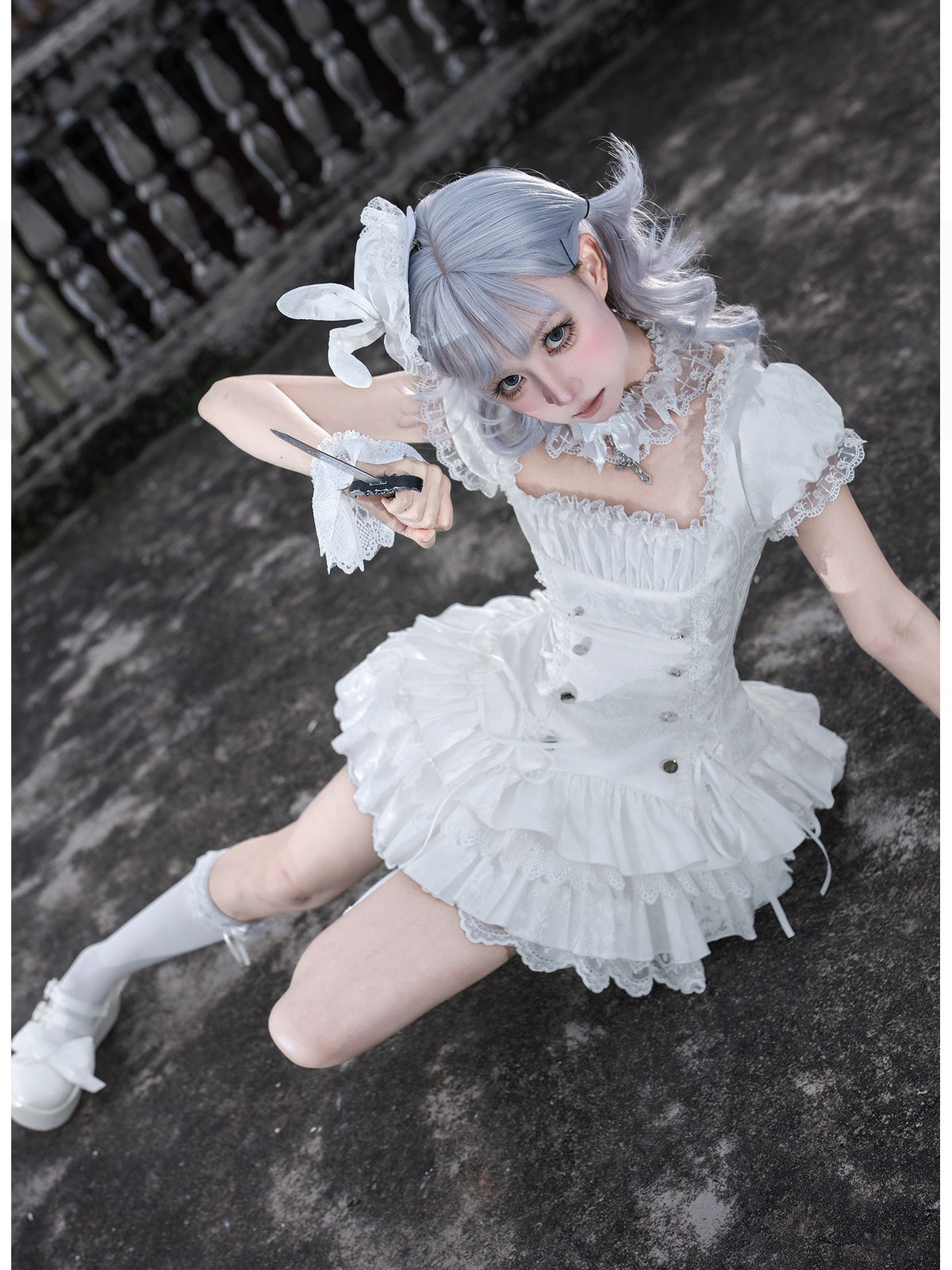 White Sweet Lolita Puff Skirt OP Set with Top Hat & Sleeves