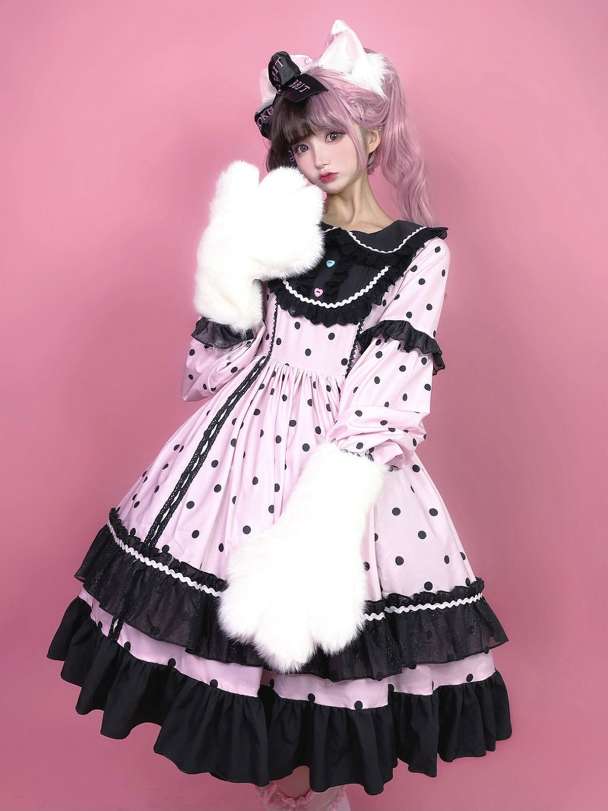 Black & Pink Polka Dot Sweet Lolita OP Long Sleeve Dress