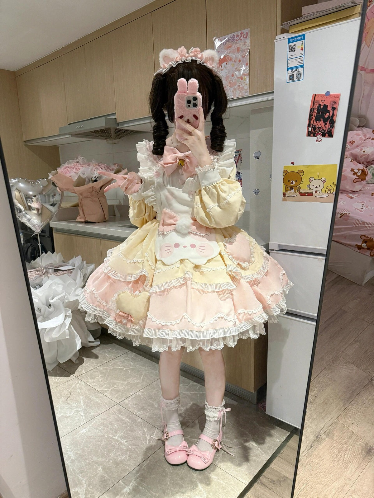 Sweet Cat Lolita OP Dress Full Set with Apron & Headband