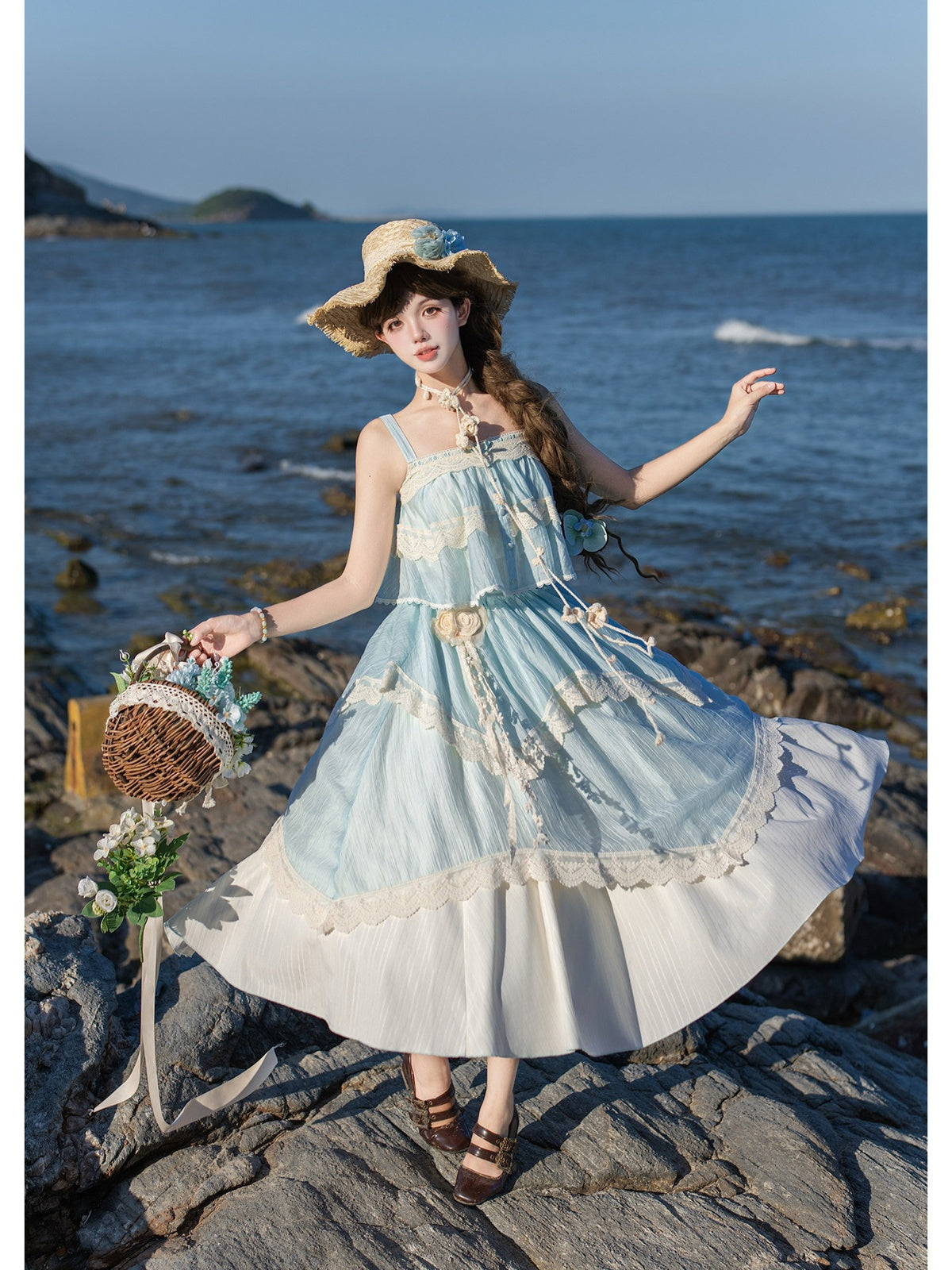 Blue Green Lolita Camisole Top & Asymmetrical Skirt Set