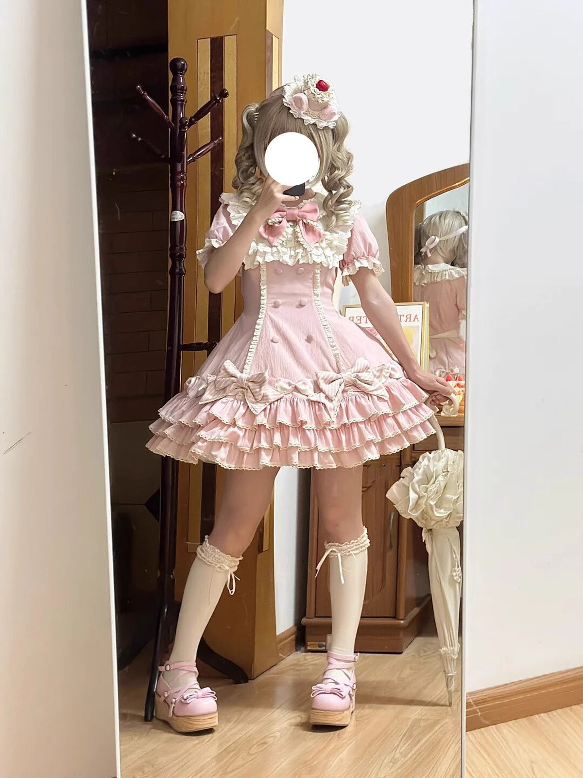 Pink Stripe Sweet Lolita OP Dress Full Set with Hat & Detachable Sleeves
