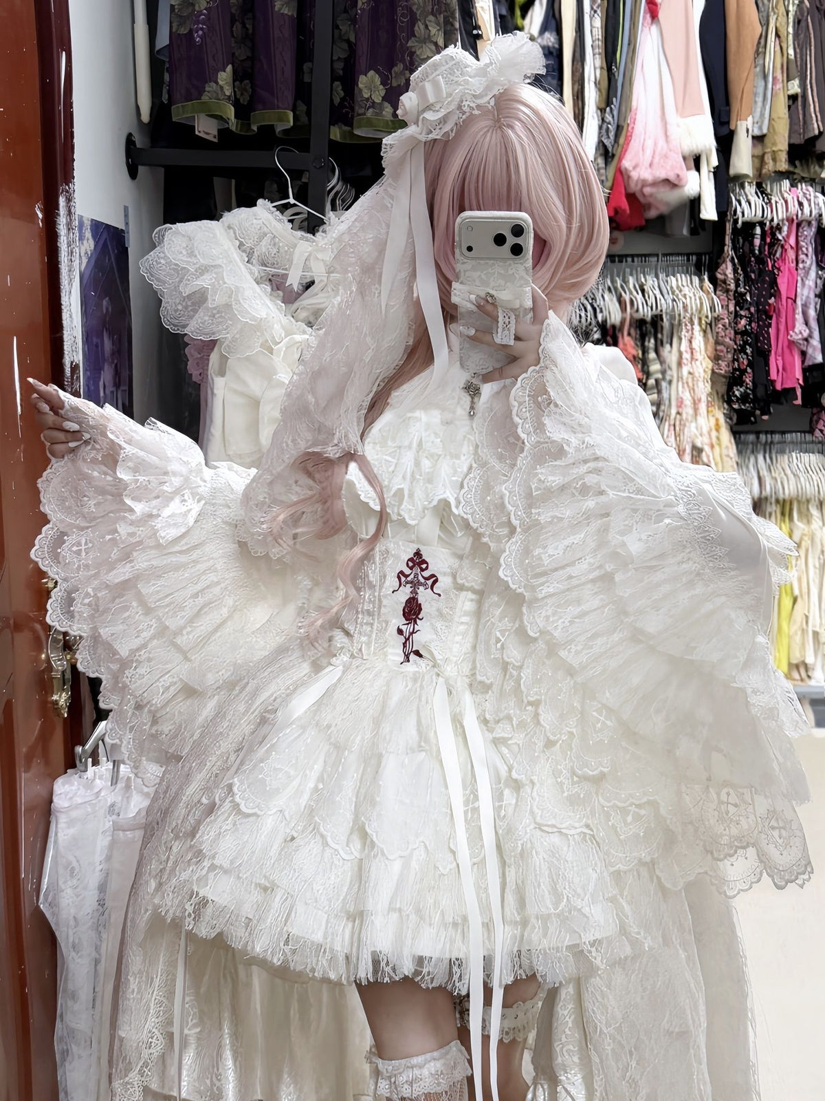 Gothic Lolita Cross & Thorns Dress Set - White Long Sleeve Outfit