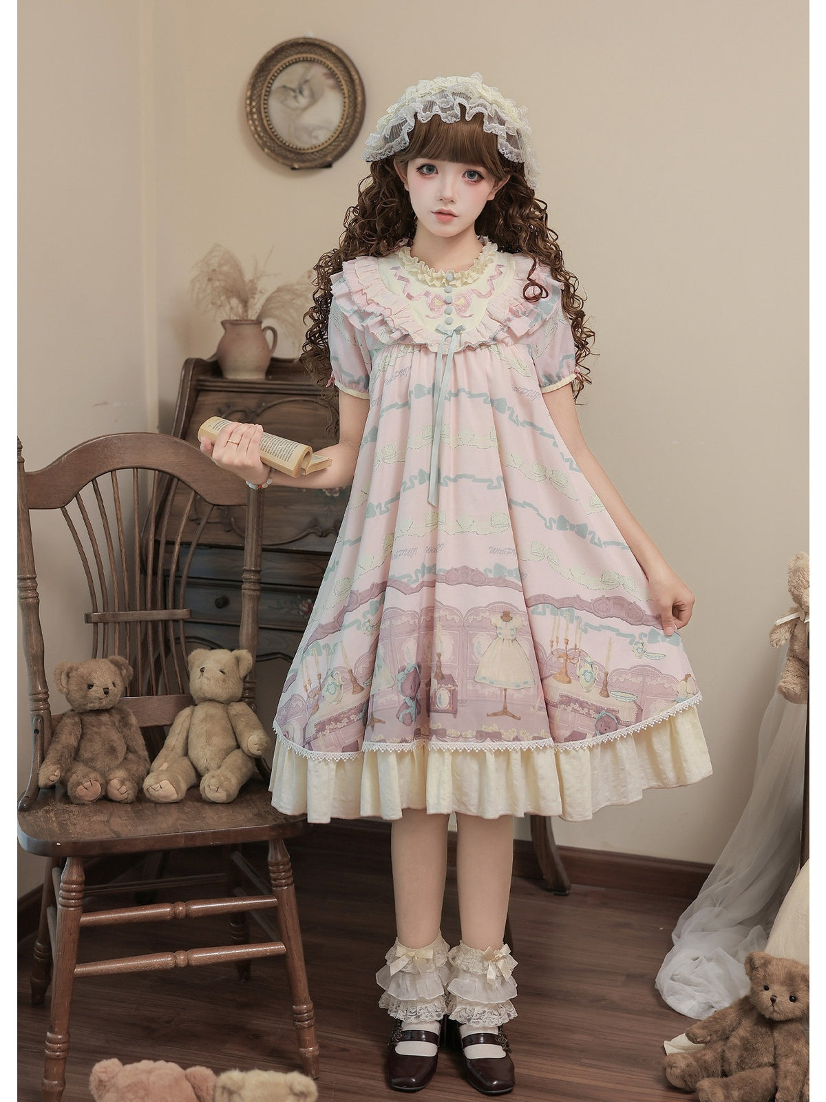 Cinnamon Pink Doll Lolita Bear Print OP Set with Bonus Accessories