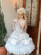 Blue & White Lolita JSK Dress with Train & Headband Set