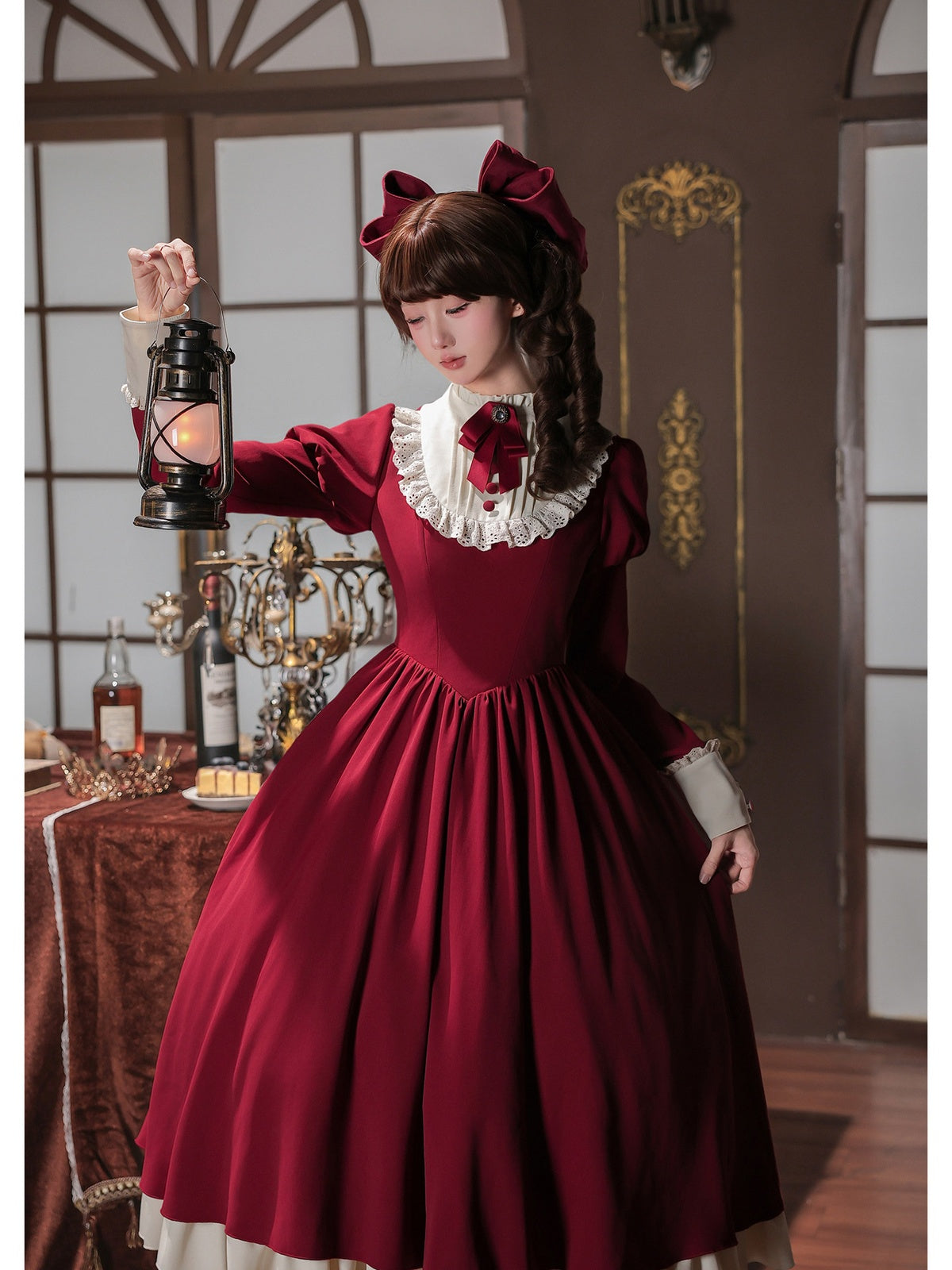 Red Elegant Maid Lolita OP Set with Apron, Necktie & Headband