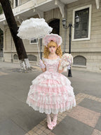 Pink Light Wedding Lolita JSK Dress with BNT Hat & Back Bow