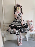 Black & Pink Doll JSK Lolita Dress with Back Bow & Headband