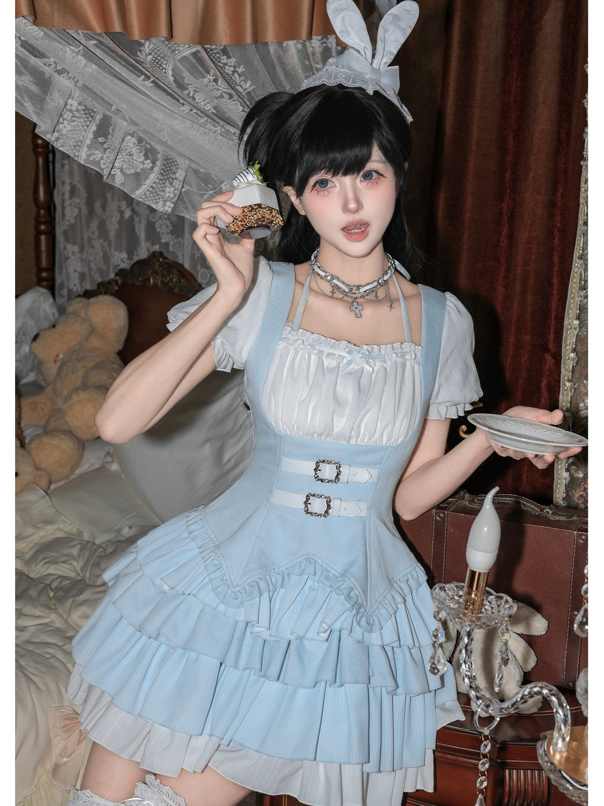 Light Blue Square Neck Halter Lolita OP Set with Necklace & Bunny Hat