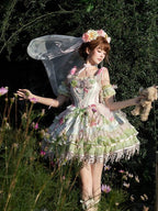 Sweet Lolita JSK Set with Floral Crown and Detachable Sleeves - Sweetheart Macaron Lolita | CoyBunny