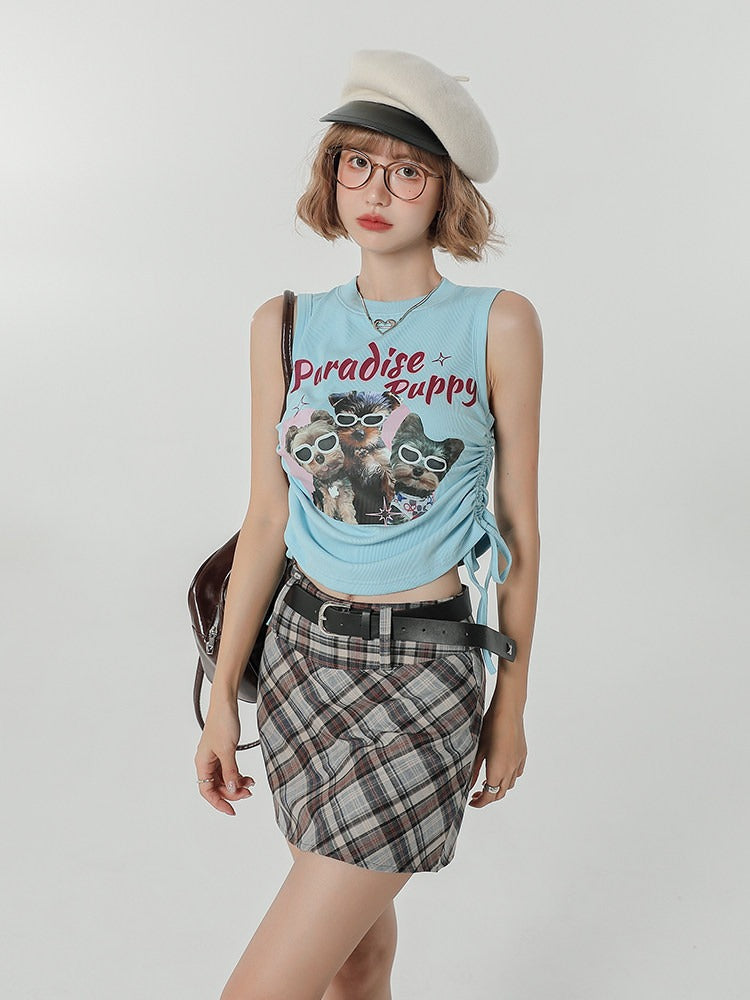 Light Blue Retro Puppy Print Ruched Sleeveless Top - Girlyhalo | CoyBunny