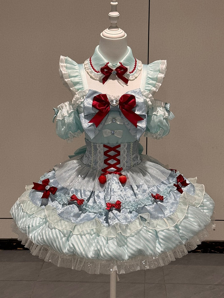 Mint Blue Idol Lolita Top with Flutter Sleeves & High Waist Bubble Skirt Set - Xiao Xin | CoyBunny
