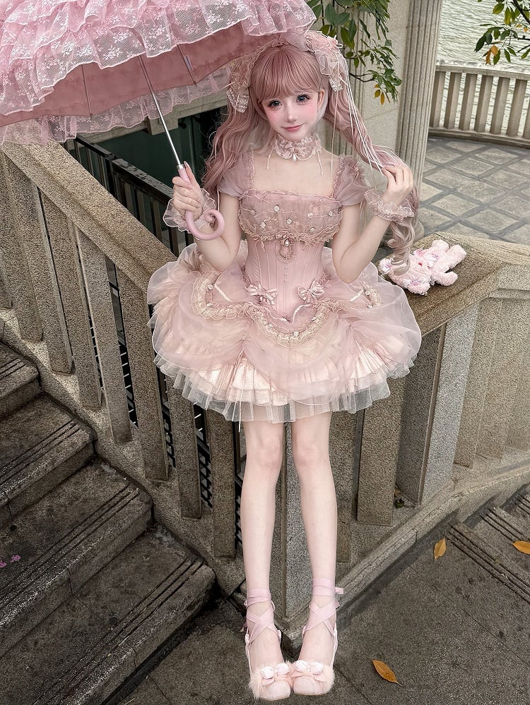Pink Balletcore Princess Lolita Outfit - Boned Corset Top & Layered Ruffle Skirt Set | CoyBunny